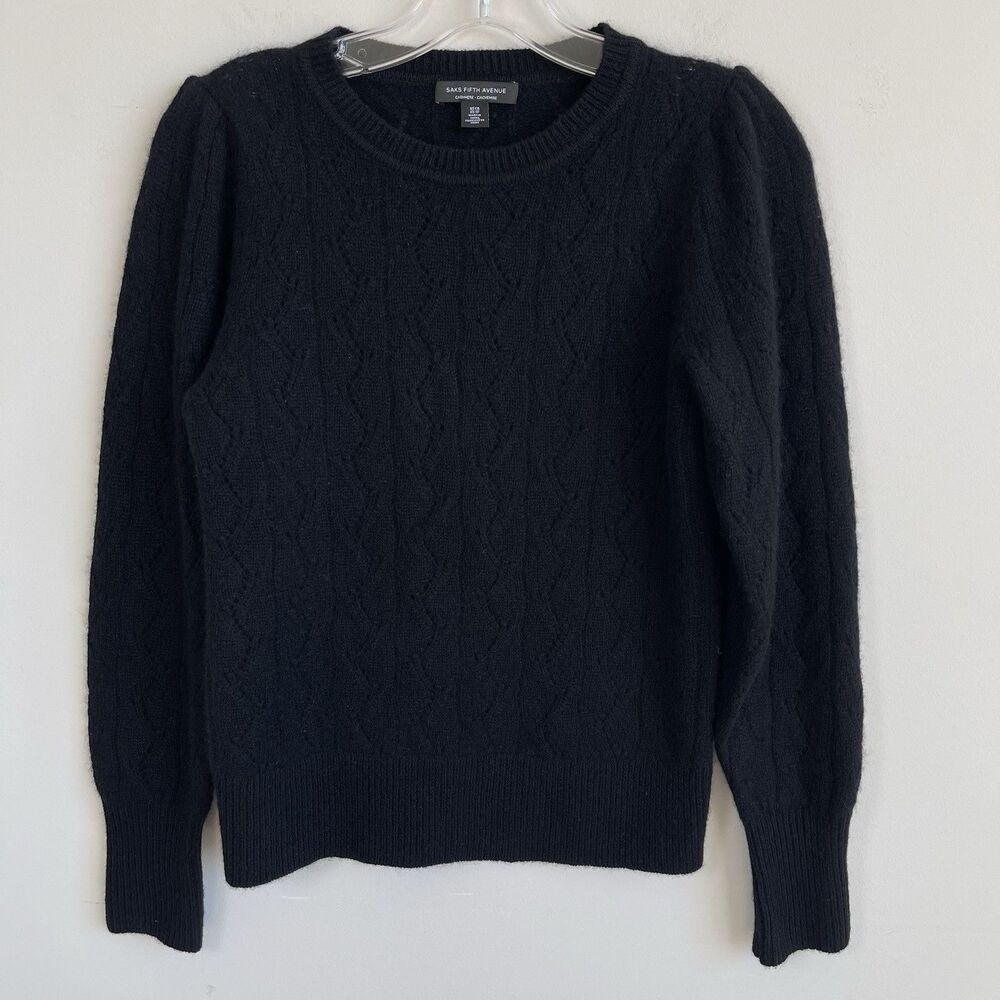 Saks Fifth Avenue Womens XS Pointelle Cashmere Sweater Black Cozy Luxury Preppy